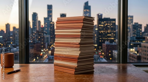 Stack of Books on Wooden Desk with City Skyline View.