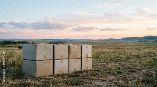 Empty Concrete Blocks in Open Field Landscape Scene.