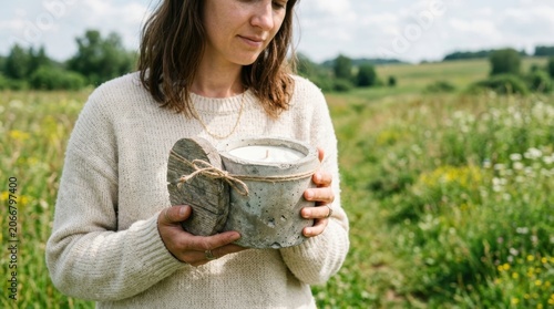 Woman Reading Book in Green Field Nature Scene.