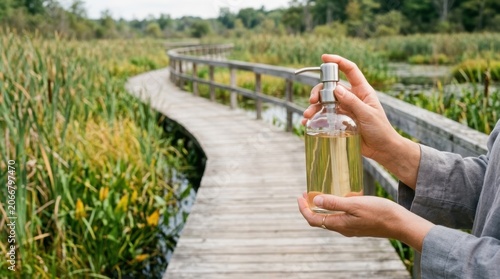 Person Holding Reusable Bottle on Nature Trail Pathway.