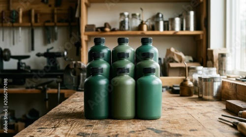 Vintage Green Ceramic Bottles Displayed on Rustic Wooden Table in Kitchen Setting.