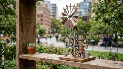 Rustic Windmill Decor on Wooden Shelf in Garden Setting.