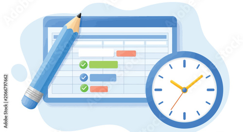 Foto Time management and project scheduling illustration with calendar grid pencil and round wall clock showing business productivity planning and task tracking