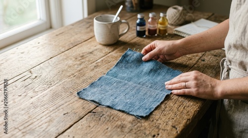 Person Cleaning Wooden Table with Blue Cloth in Cozy Kitchen Setting.