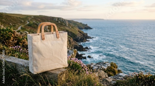Canvas Tote Bag Resting on Cliff Edge Over Ocean View.