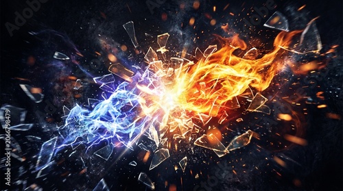 Abstract Explosion of Fire and Ice with Shattered Glass Fragments on Solid Black Background