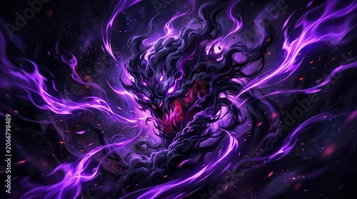 Dark Fantasy Shadow Monster with Glowing Eyes and Purple Ethereal Smoke Flames