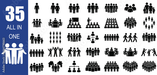 People group icons black silhouettes on a white background