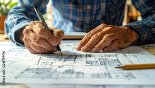Close up of architect hands sketching building blueprints.