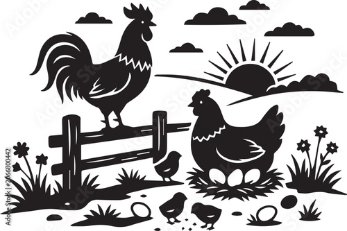 Chicken farm family silhouette vector illustration with rooster and hen.