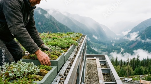 Farmer tending to lush green tea plantation in scenic mountain landscape.