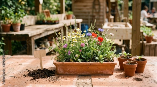 Colorful Flower Arrangement in Rustic Garden Setting for Gardening and Outdoor Decor.