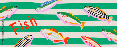 Colorful fish pattern with Mediterranean seafood illustrations and striped coastal background. Ideal for packaging, textiles, restaurant branding, stationery, wrapping paper, summer-themed decor