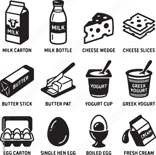 Dairy products and eggs icon set, black vector food symbols.