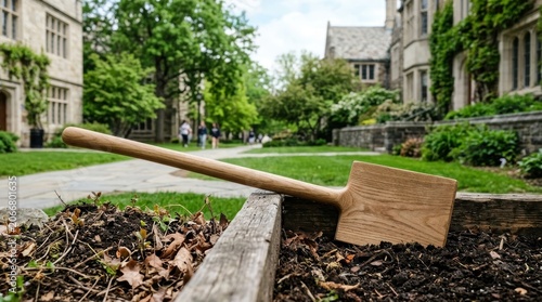 Garden Maintenance with Shovel in Front Yard Scene.