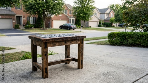 Empty Wooden Table on Sidewalk in Residential Neighborhood.
