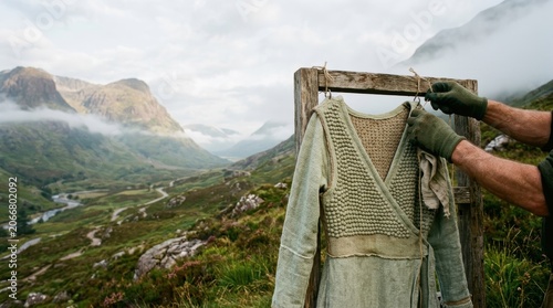 Person Hanging Laundry on Clothesline in Mountain Landscape.