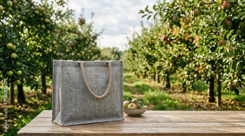 Elegant Gray Tote Bag on Wooden Table in Garden Setting.