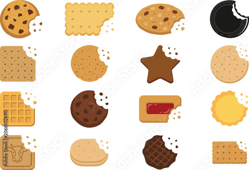 Large Assortment of Bitten Cookies and Biscuits Vector Icon Set Including Chocolate Chip Crackers Waffles and Sweet Snacks for Bakery and Cafe Designs