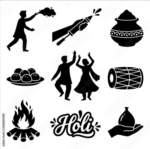 Holi festival icons set, colorful, colorful, vector, icons, Holi celebration symbols, Indian festival, Hindu festival icons
