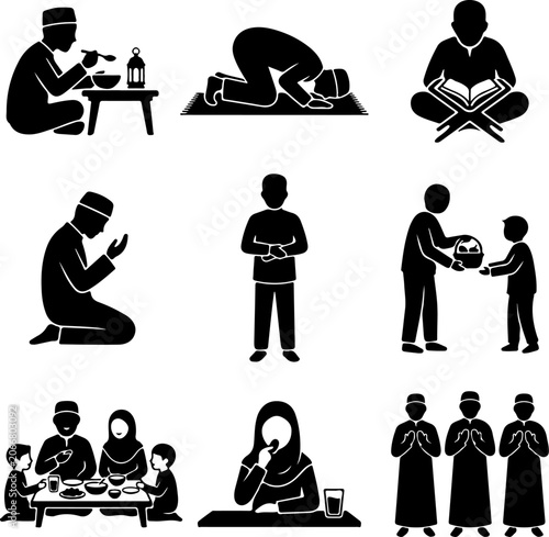 Ramadan icons, Muslim daily life silhouettes, fasting and praying, breaking fast