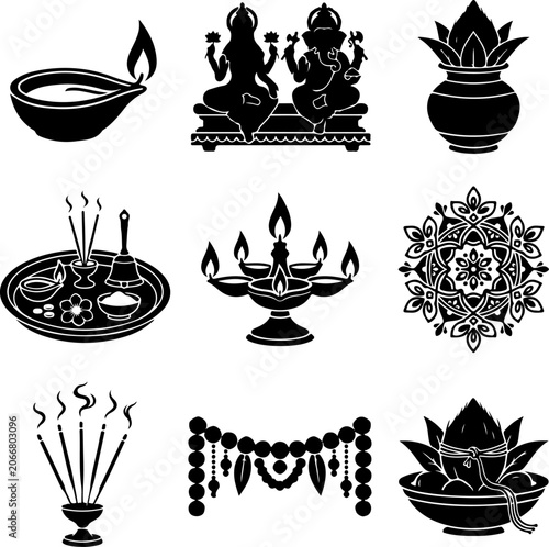 Diwali, Hindu Festival Icons, Black Vector Set, 8 Elements, Diwali Decorations, Traditional Indian Symbols
