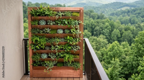 Balcony Garden with Green Plants and Scenic Mountain View.