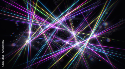 A stunning abstract background composed entirely of colorful light-focused line effects radiating and intersecting dynamically across a pure solid black void.