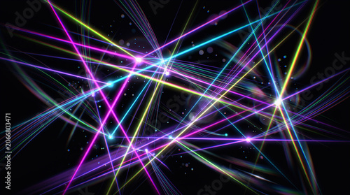 A stunning abstract background composed entirely of colorful light-focused line effects radiating and intersecting dynamically across a pure solid black void.
