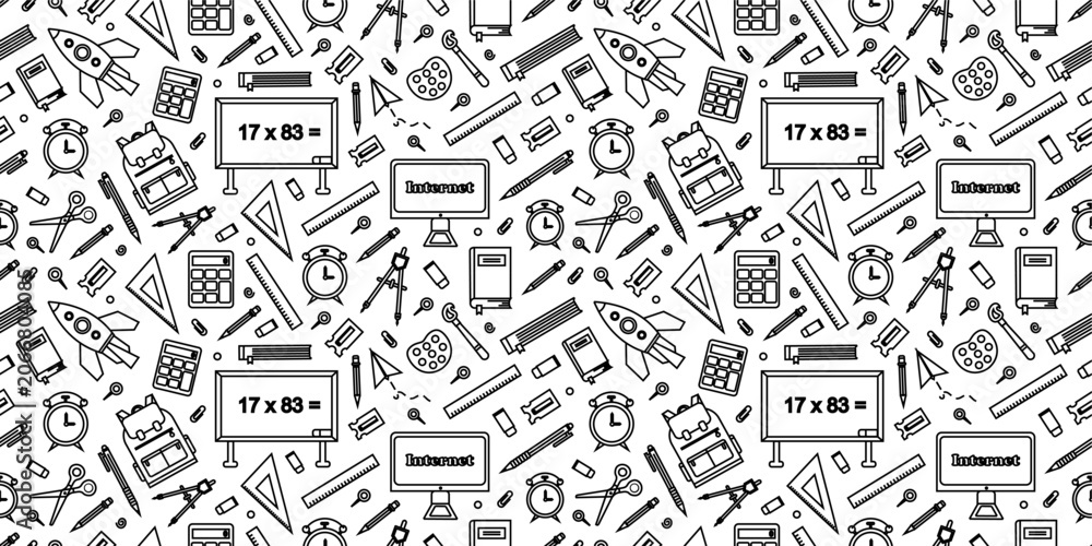 Fototapeta premium School themed doodles seamless pattern. School supplies pattern in doodle style. Back to school seamless pattern background. School elements doodle pattern background. 