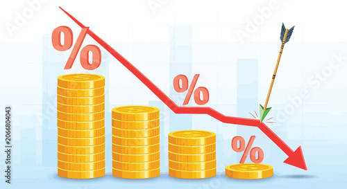 Tableau sur toile Decreasing investment value concept showing falling profit margins gold coins chart trend economic recession financial crisis negative growth business losses