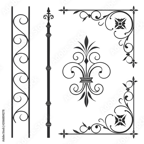 Forged iron balusters and ornate corner elements.