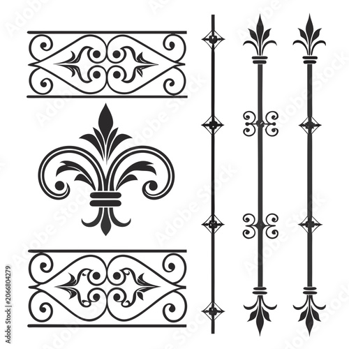 Wrought iron decorative elements and balusters set.