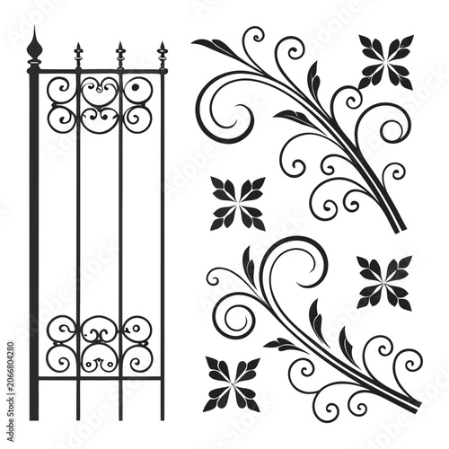 Forged iron railing panel and leafy scrollwork.