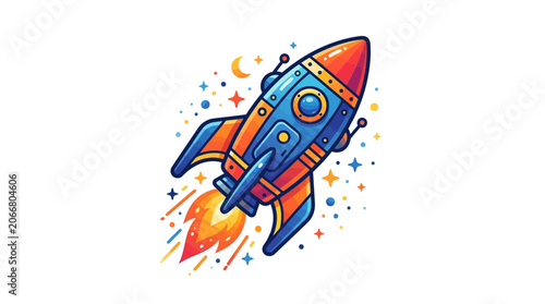 Colorful cartoon rocket ship blasting off.