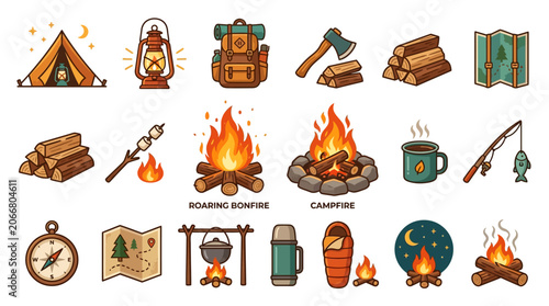 Camping icons and outdoor gear symbols.