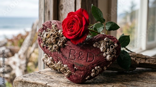 A captivating and intimate photo of a vibrant red rose, gently resting atop a one-of-a-kind heart-shaped burgundy piece of driftwood.