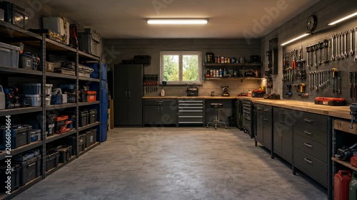 Organized workshop garage interior with tools, shelves and workbench, maintenance, repair and craftsmanship concept.
