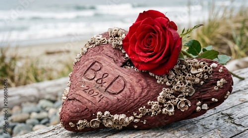 A captivating and intimate photo of a vibrant red rose, gently resting atop a one-of-a-kind heart-shaped burgundy piece of driftwood.