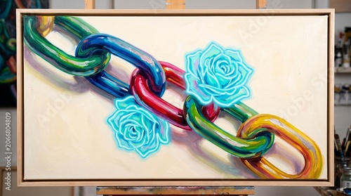 An artistic painting on canvas featuring a vibrant chain link rendered in multiple brilliant colors including emerald green, sapphire blue, ruby red, and golden yellow