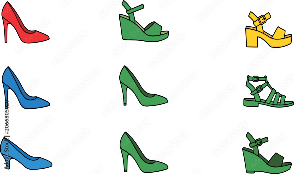Obraz premium Women's Fashion Shoe Vector Set featuring High Heel Pumps, Wedge Sandals, Block Heels, and Strappy Gladiator Footwear Illustrations