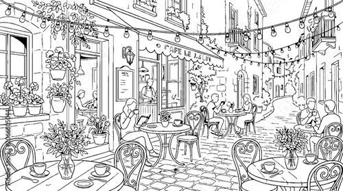 Charming European Sidewalk Cafe on Cobblestone Street