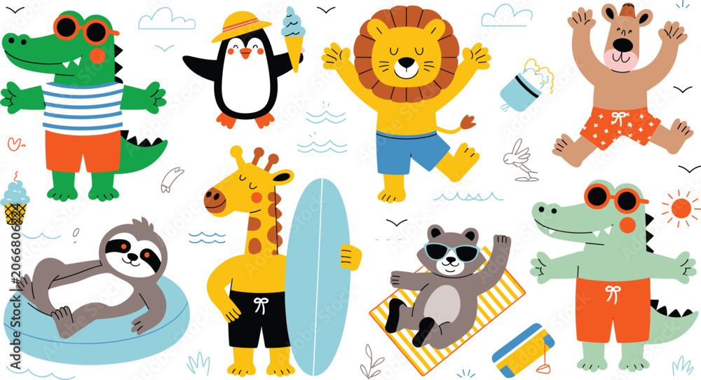 Fototapeta premium Cute summer animals doodle vector illustration bundle with funny wild characters surfing swimming and sunbathing on beach vacation holidays isolated on white background