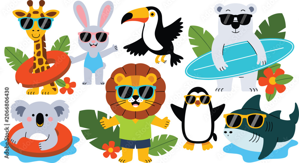 Fototapeta premium Cute summer animals cartoon vector illustration bundle with cool wild creatures wearing sunglasses surfing swimming and enjoying tropical beach vacation holidays