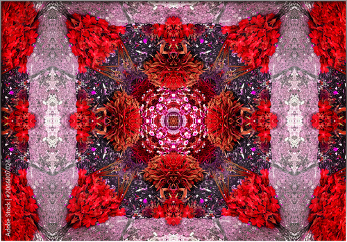 Schilderij op canvas A blooming symmetry unfurls in quiet layers, where reds and pinks pulse like lantern light, shaping an ornate pattern with a gentle eastern glow