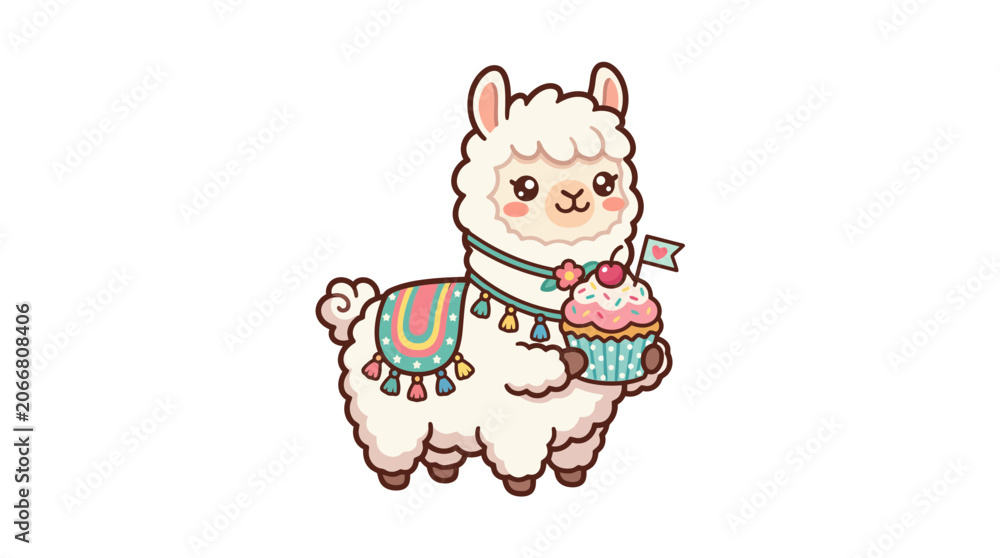 Obraz premium Cute Llama Holding a Cupcake