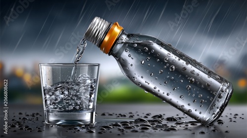 Water bottle pouring into glass during rain, showing hydration importance