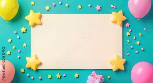 Cheerful birthday card mockup with balloons and stars for playful celebration branding.
