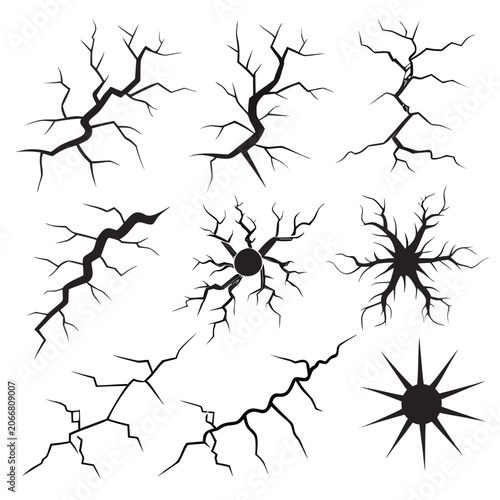 Obraz na plátne Black Cracks and Fractured Surface Hole Elements Arranged on a Solid White Backg