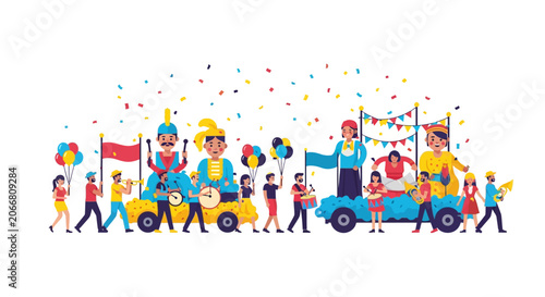 People celebrating festive colorful parade.